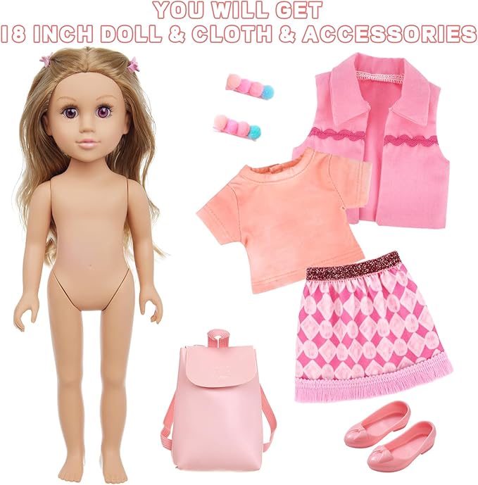 18 Inch Girl Doll Playset with Doll Clothes and Accessories Including 18 Inch Doll Jacket T-Shirt Skirt Shoes backbag Hairband for Little Girl