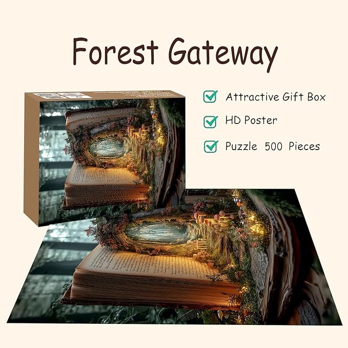 Puzzles for Adults 500 Pieces, Green Book Jigsaw Puzzles - Forest Gateway, Impossible Book Tree Puzzle for Seniors Families, 20.47x14.96 Inches, 1:1 Poster, Letter On The Back
