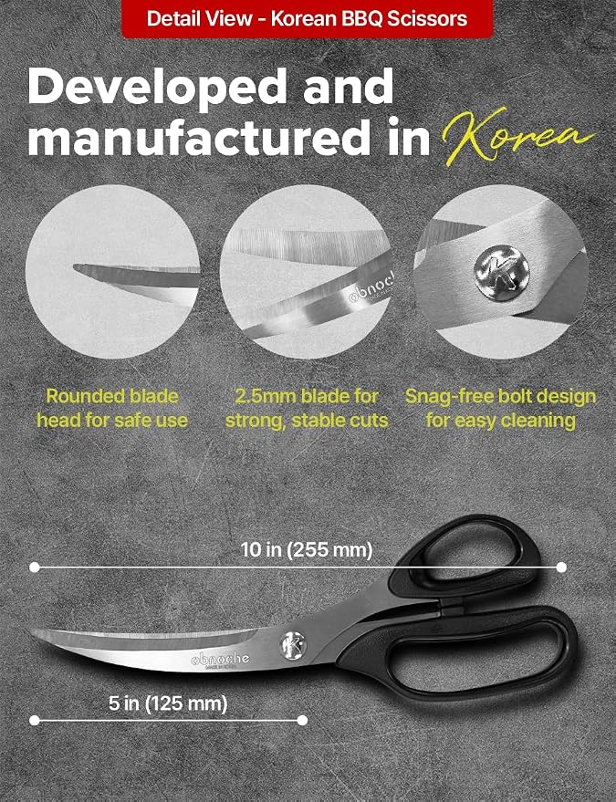 Made in Korea, Korean Barbecue Scissors, Meat, Chicken, Vegetables, High Strength Stainless Steel Grip-Excellent Barbecue Scissors (Korean BBQ Scissors)