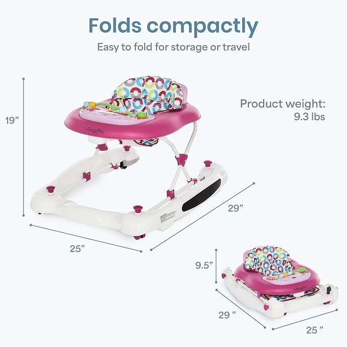 Dream On Me Go-Getter Baby Walker with Rear Push Handle, 2-in-1 Activity Walker and Walk-Behind, 3 Height Adjustments, Easy to Fold, Machine-Washable Seat Pad, Detachable Fun Tray, Pink