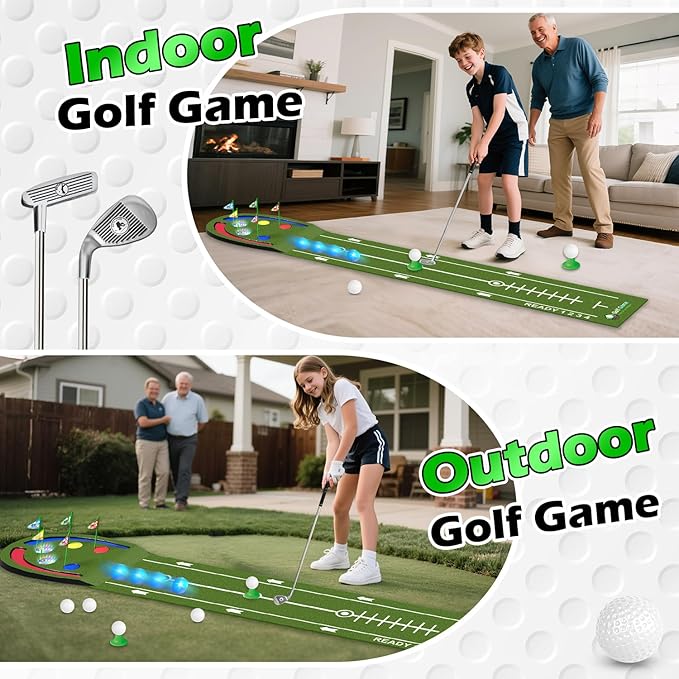 Golf Putting Mat with Light up Holes, Glowing Golf Balls, Practice Putting Green with 2 Clubs, Toy Golf set,Golfing Practice Mats,Training Mat Indoor Outdoor,Sport Game for Kids Adults Family