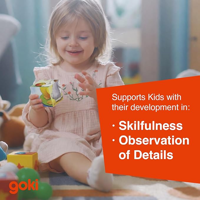 GOKI Wooden Cube Puzzles for Toddlers 2-4 Inspired Montessori Toy 6-in-1 Animal Toddler Puzzle - 4 Wooden Cubes - Educational Toy for Kids Ages 2+ Farm-Themed - Designed with Love in Germany