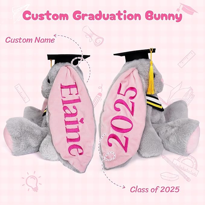 Custom Graduation Plush Bunny Gift 2025 for Her Him, Embroidered Bunny Graduation Stuffed Animal with Name for Kids Girls Boys, Kindergarten High School College Graduation Gifts