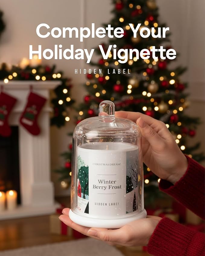 Hidden Label Winter Berry Frost Candle, 10oz Bell Jar, 60H Soy Wax | Non-Toxic Formula | Snow Globe Display Piece | Holiday Gift Ready | Aromatherapy | Clean Burn | Festive Decor