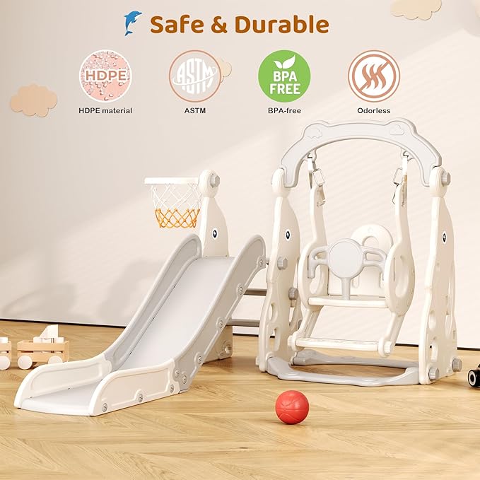 Toddler Slide, 4 in 1 Toddler Playset - Upgrade with Kids Slide, Swing, Basketball Hoop and Storage Space for Age 1-3, Indoor and Outdoor Playground
