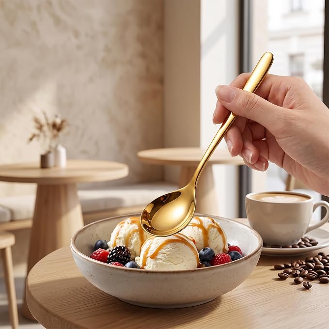 3PCS Gold Soup Spoons, 8.07 Inch Large Stainless Steel Spoons, 304 Stainless Steel Mirror Polished Dessert Spoons, Heavy Duty Metal Table Spoons for Soup, Cereal, Ice Cream, Dining & Kitchen Use