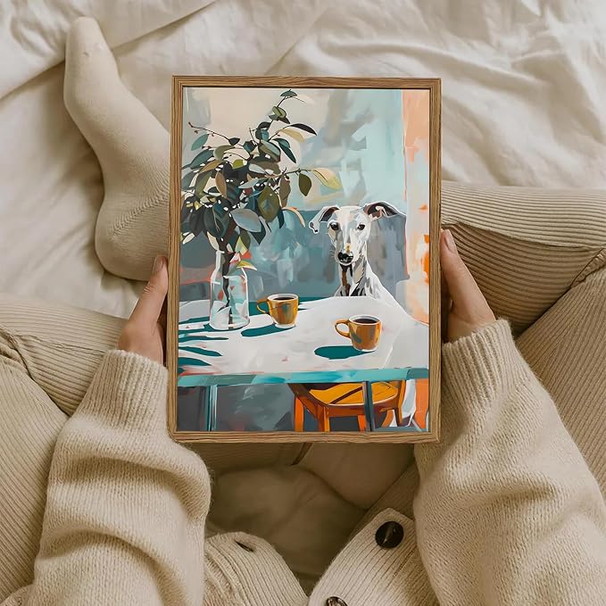 Funny Dog Wall Art, Whimsical Whippet Wall Decor Painting Cute Greyhound Poster Canvas Print Animal Artwork for Dining Room Kitchen Living Room 12x16 inch Wood Framed