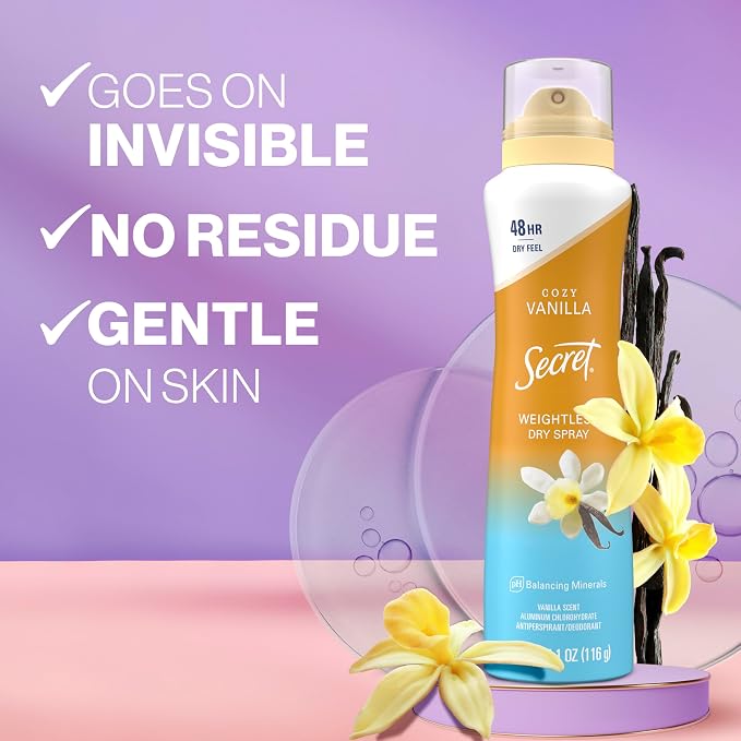 Secret Dry Spray Antiperspirant Deodorant for Women, 48hr Weightless Sweat & Odor Protection, Gentle on Skin, Cozy Vanilla Scent, 4.1 oz (Pack of 3)