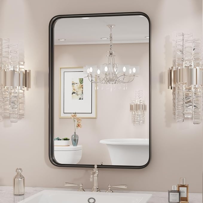 Sweetcrispy Bathroom Mirror 36x24 Inch Black Metal Framed Rounded Rectangle Vanity Mirrors for Wall, Over Sink, Farmhouse, Restroom, Anti-Rust, Modern Decorative, Horizontal or Vertical Hanging
