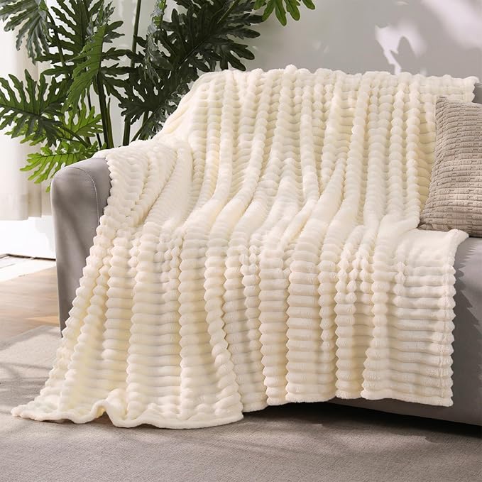 Beige Throw Blanket for Couch Sofa 50”x60” Striped Design | Fleece Blankets Room Home Decor Lightweight Plush Soft Cozy Gifts for Women Mom