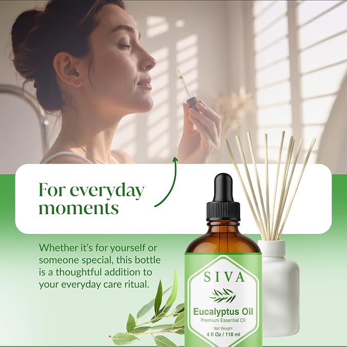 Siva Eucalyptus Essential Oil 4 Fl Oz – for Diffuser, Skin & Hair Care – Ideal for Aroma, Massage & DIY Blends- with Dropper