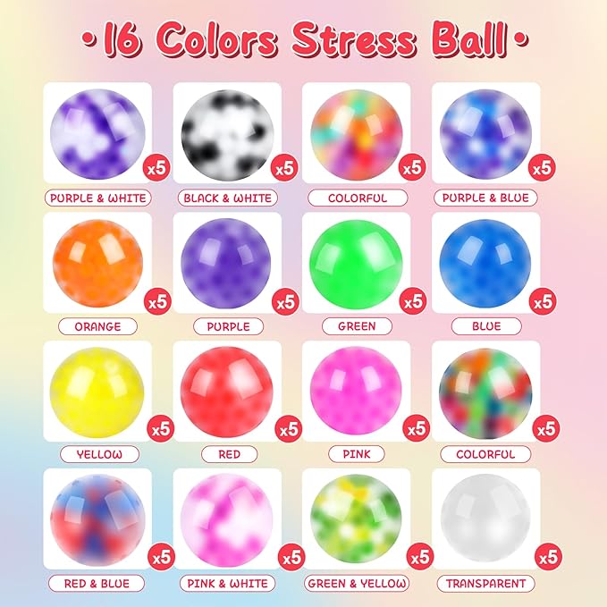 80 Pack Stress Balls for Adults, Bulk Squishy Ball, Stress Balls Set, Anti-Anxiety and Fidget Balls to Relax, Prize Box, Party Favors, Birthday Gifts, Goodie Bag Stuffers