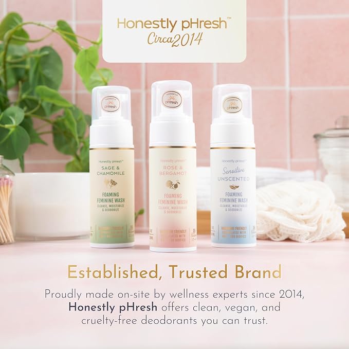 Honestly pHresh Foaming Feminine Wash for Women – pH Balanced Natural Intimate Cleanser with Prebiotics & Probiotics. Vegan, Sensitive Skin Safe. Made In USA - Unscented, 5 oz
