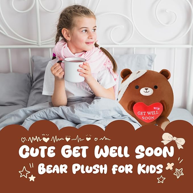 Get Well Soon Bear Plush, Cute Brown Bear Stuffed Animal, Soft Feel Better Gifts for Kids Women Men