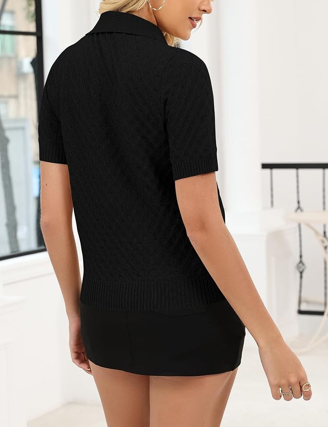 Rapbin Womens Short Sleeve Knit Polo Shirts Summer Spring Sweater Tops | Classic V Neck Collared Shirts Lightweight Business Casual Basic Fashion Pullover Polo Sweater for Work Formal Daily Wear