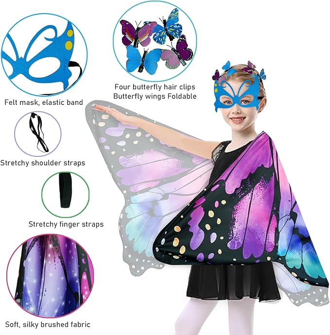 Kids Butterfly Wings Costume Girls Fairy-Wings Toddler Dress Up Play Costumes Butterfly Hair Clip Mask Party Favors (Purple Green Sets)