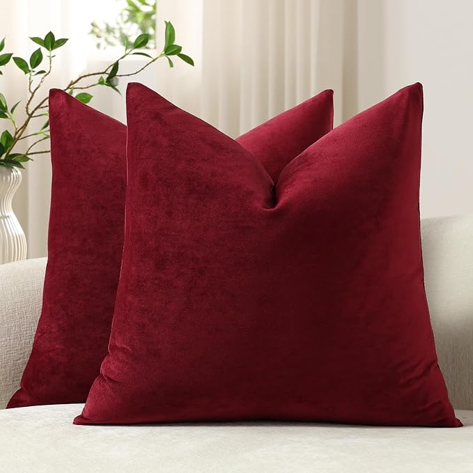 Throw Pillow Covers 22x22 Wine Red: Pack of 2 Cozy Soft Velvet Square Modern Luxury Decorative Throw Pillow Cases for Christmas Sofa Couch Living Room Bed Home Decor