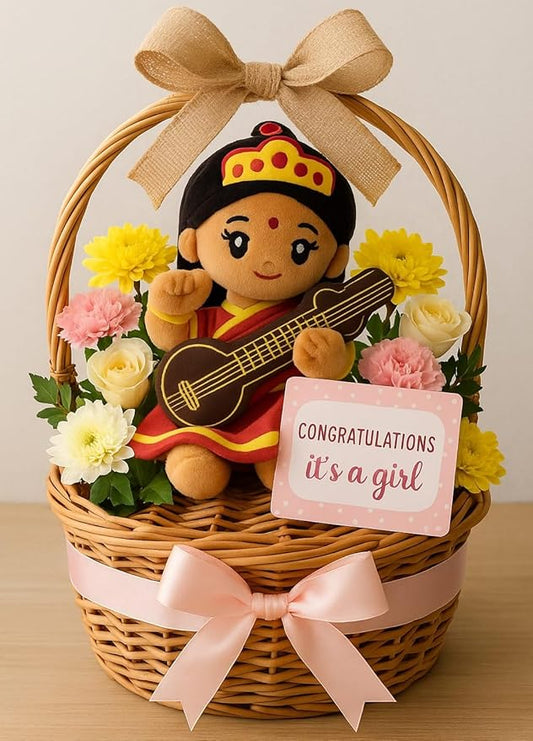 MODI TOYS Saraswati Devi Mantra Singing Plush (Small 7 inch) | Ideal for Newborns, Infants, Toddlers, Grandparents | Best for Diwali, Baby Shower, Birthday, Raksha Bandhan, Housewarming