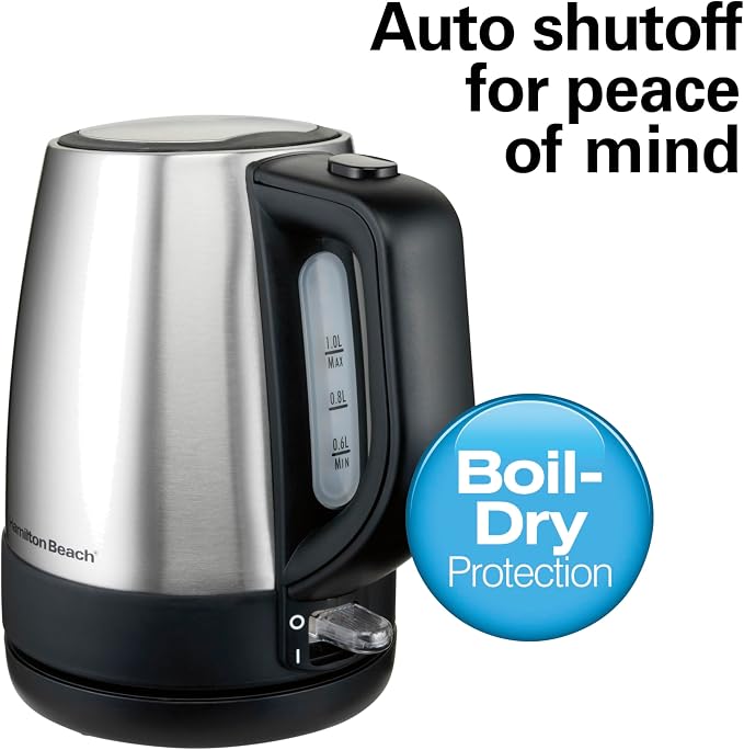 Hamilton Beach Electric Tea Kettle, Water Boiler & Heater, 1 L, Cordless, Auto-Shutoff & Boil-Dry Protection, Stainless Steel (40998)