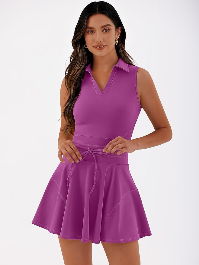 Caracilia Women's 2 Piece Tennis Dress Set-Polo Neck Sleeveless Mini Dresses with Shorts,Golf Casual Workout Athletic Sports