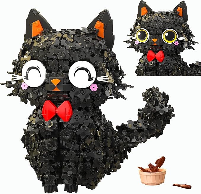 Black Cat Mini Brick Set | Creative Flower Blossom Puss Building Toy for Adults & Kids | Cute Animal Model Desk Decoration Gift (1651pcs)