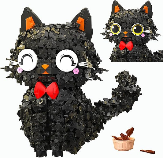 Black Cat Mini Brick Set | Creative Flower Blossom Puss Building Toy for Adults & Kids | Cute Animal Model Desk Decoration Gift (1651pcs)