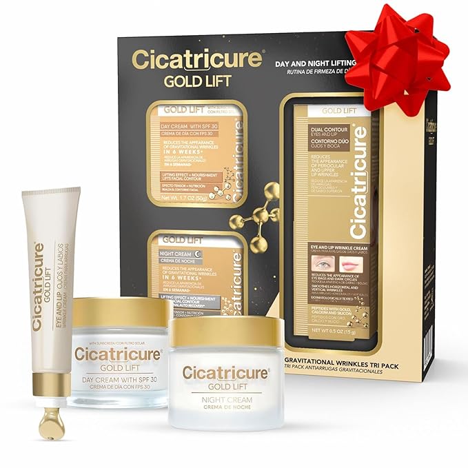 CICATRICURE Gold Lift Anti Gravitational Wrinkles Skin Care Gift Set with Day Anti-Wrinkle Cream + SPF 30, Night Anti-Wrinkle Cream & Dual Contour Eye and Lip Wrinkle Cream, 3 Pack