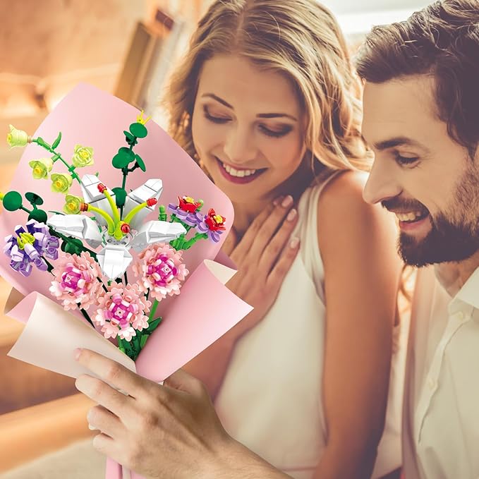 Flower Bouquet Building Blocks Pink Carnation Botanical Collection Bricks Sets Creative Toys Kits Mother's Day Birthday for Adults Mom Girlfriends Old Kids 8-12, 6-12 (514PCS)