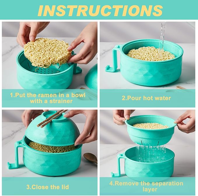 1 Set Microwave Ramen Cooker 40oz Wheat Straw Microwave Noodle Bowl Set with Chopsticks, Spoon, Fork, College Dorm Office Apartment Essentials (Mint Green)