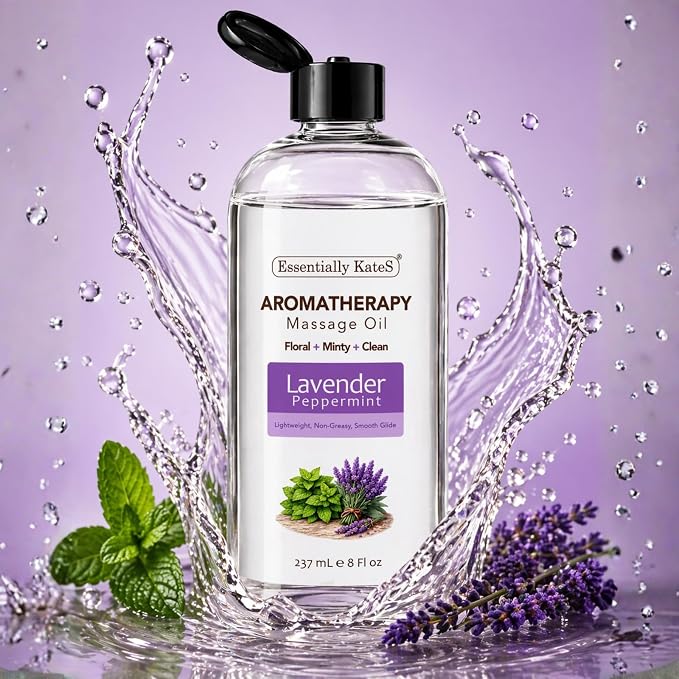 Aromatherapy Massage Oil – Lavender & Peppermint – Lightweight, Non-Greasy Body Oil with Fractionated Coconut Oil – Calming & Refreshing – 8 fl oz