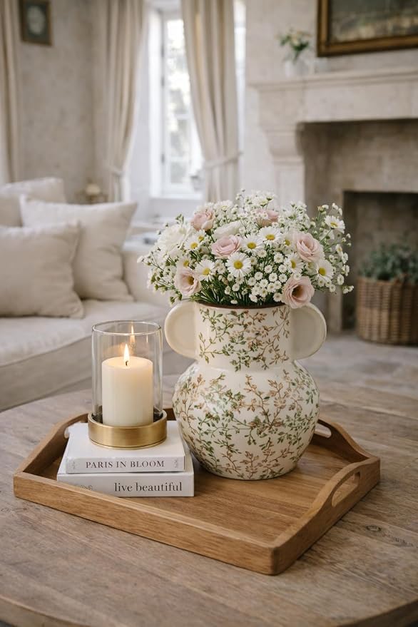 Emotionally Grounded Vase, Vaseking Ceramic Rustic Vase with Handle, 5.63 inch Pastoral Decorative Farmhouse Vases for Home Decor, Living Room, Enterway, Table Decoration, Green and Beige