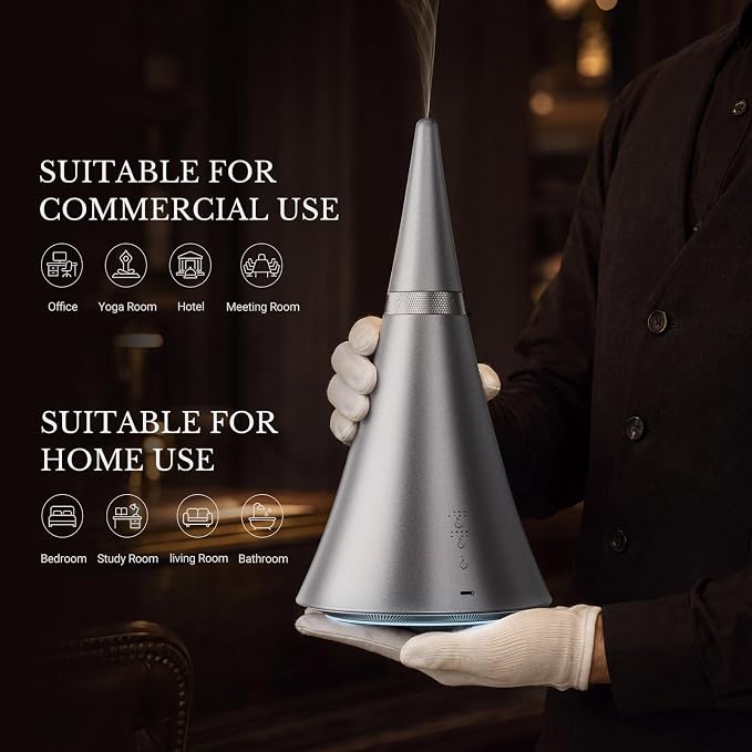 Waterless Diffuser, 2000 Sq.Ft Coverage，Essential Oil Diffuser with Bluetooth App Remote Control, Adjustable Mist Mode, Timer, Mood Lights Aromatherapy Diffuser for Home, Office, Hotel