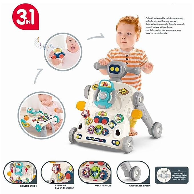Baby Walker 3 in 1 Sit to Stand Push Walker With Activity Table and Center for Newborn Toddler (Grey)