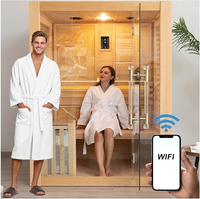 Smartmak Wood Home Steam Sauna, WiFi Control 3 Person Canadian Hemlock Traditional Luxurious Wooden Indoor Spa Room, with 4.5 kw Harvia Stove, Speaker, Rocks, Water Bucket, Spoon, Sky Lights