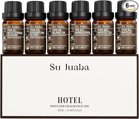 SU JUABA Hotel Collection Diffuser Oil Gift Set, Luxury Scents Inspired by Iconic Hotels, Fragrance Oil Perfect for Waterless Diffusers, Air Freshening, and DIY Crafting - 6x10mL