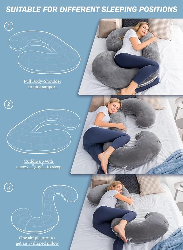INSEN Pregnancy Pillow for Sleeping, Maternity Pillow with Jersey Cotton Cover,C Shaped Body Pillow for Pregnant (Gray)