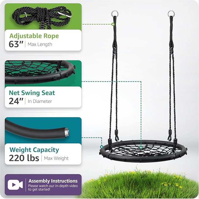 Sorbus Saucer Tree Swing- Kids Outdoor Disc Round Swing - 24" Heavy Duty 220lbs Seat- Easy Install Flying Saucer Web Circle - Perfect for Gift,Playground, Birthday, Xmas, IndoorOutdoor