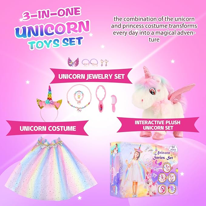 Dollox Electronic Unicorn Pets Toys for Girls Age 3-6, Interactive Walking Talking Plush Horse with Remote Control, Toddler Unicorn Pretend Play Toy with Dress-Up Jewelry Set Kid Birthday Gift