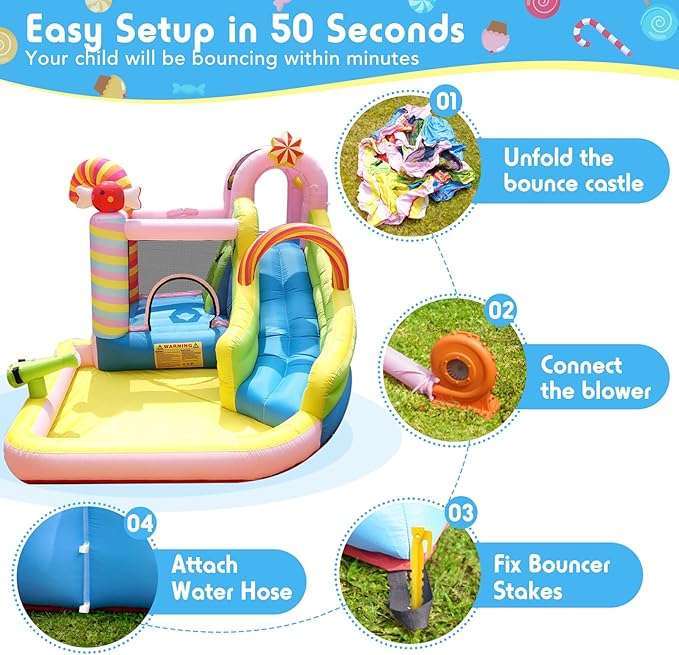 NBSPORT Inflatable Bounce House Water Slide, 6 in 1 Sweet Candy Water Park, Wet Dry Combo Bouncy Castle with 450W Blower, Splash Pool, Water Slide for Kids and Adults Backyard Party Gifts