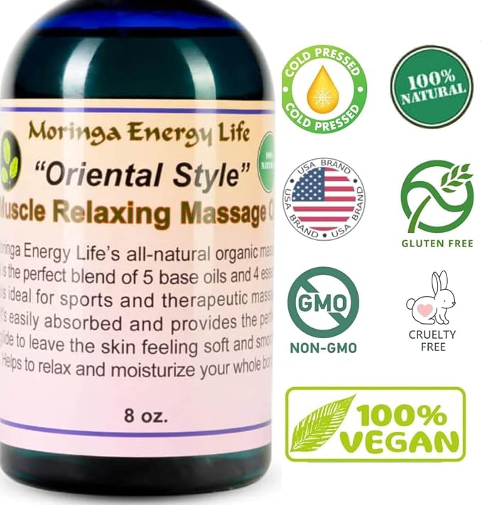 Moringa 'Oriental Style' Muscle Relaxing Massage Oil for Therapy, Date Night, Thai, Swiss, Asian, Sports Therapist for Massaging Sore Muscles, 8 oz Bottle