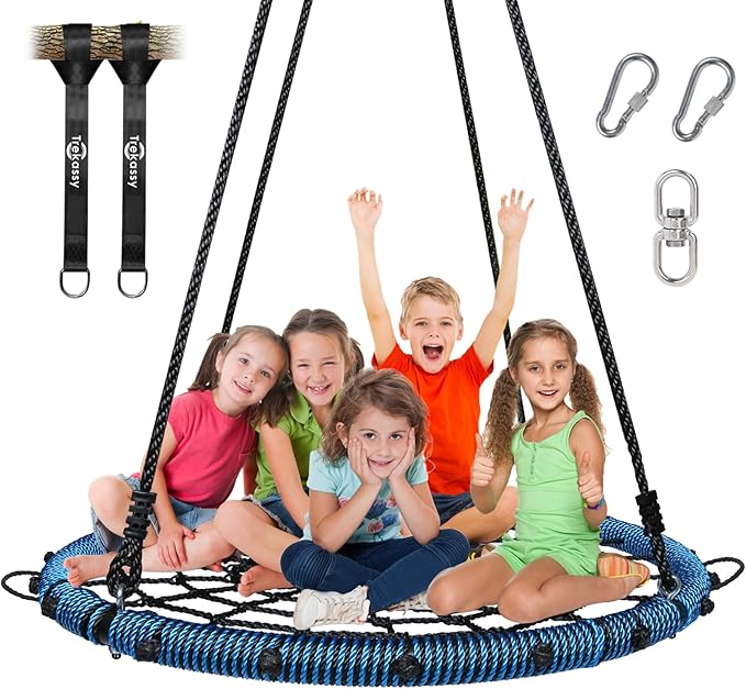 Trekassy 45" 750lbs Spider Web Tree Swing for Kids & Adults, Outdoor Steel Frame Saucer Net Swing with Swivel, Adjustable Ropes + 2 Tree Hanging Straps - Blue (Patented)