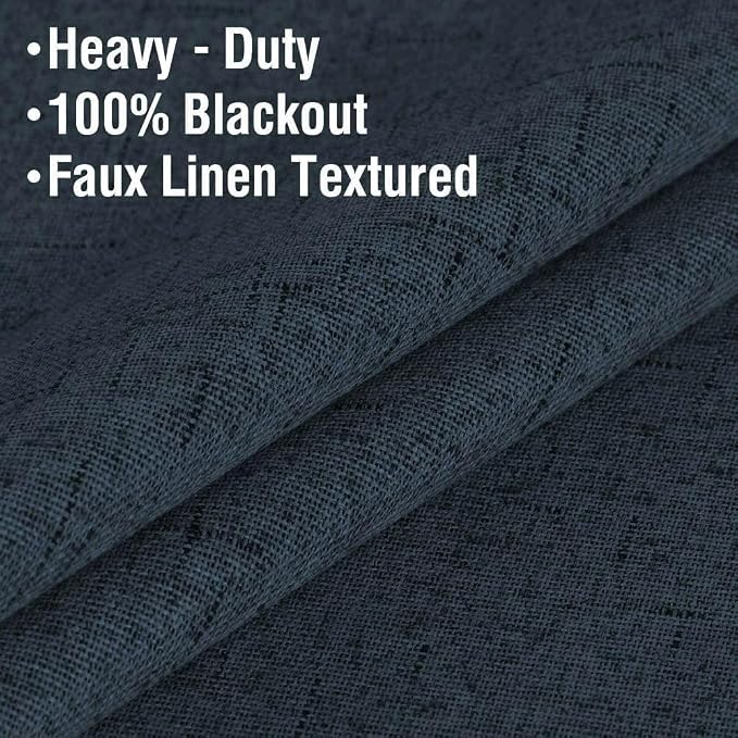 H.VERSAILTEX Linen Blackout Curtains 45 Inches Long 100% Absolutely Blackout Thermal Insulated Textured Linen Look Curtain Draperies Anti-Rust Grommet, Energy Saving with White Liner, 2 Panels, Navy