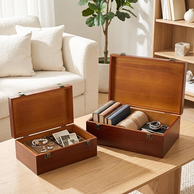 Sliner 2 Pcs Wooden Decorative Storage Boxes with Lids Vintage Wood Organizer Bins for Your Bookshelf Home Decor Safely Store Photos Documents Memory Jewelry Craft Storage (Warm Brown,S M Size)
