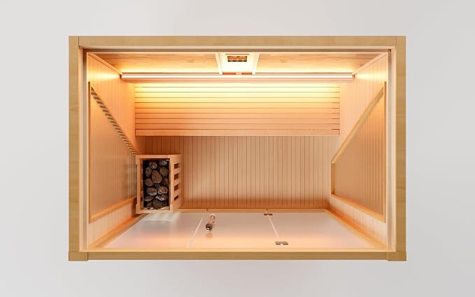 Smartmak Wood Home Steam Sauna, WiFi Control 4 Person Canadian Hemlock Traditional Luxurious Wooden Indoor Spa Room, with 4.5 kw Heater, Speaker, Rocks, Water Bucket, Spoon, Sky Lights