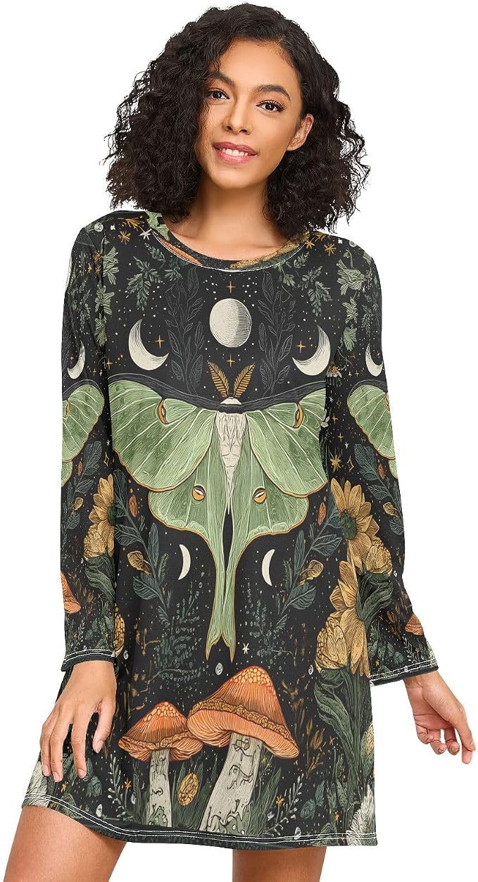 ALAZA Long Sleeve Nightgowns for Women Green Moth Forest Floral Moo Moos Sleep Shirts Moomoo House Dresses Sleepwear