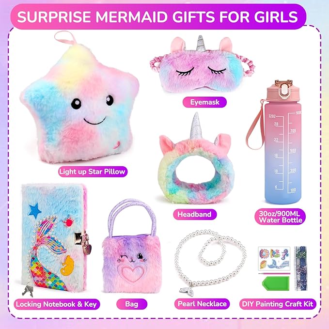 Mermaid Gifts for Girls Age 4-6 6-8, Surprise Toys for Girls Ages 6-7 8-10 with Light Up Star Pillow, Diary, Unicorn Headband & Sleep Mask, Birthday Gifts for 4 5 6 7 8 9 10 Year Old Girl Xmas Gift