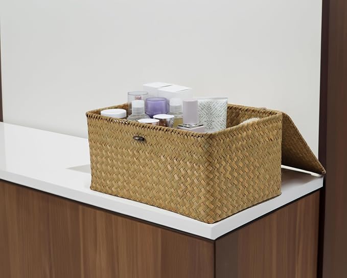 Seagrass Wicker Storage Basket with Lid, X-Large, Natural | Extra Large Box, Shelf Organizer, Rectangular Woven Bin, Multipurpose Home Storage, Natural Decor, 14.3 x 9.4 x 6.9