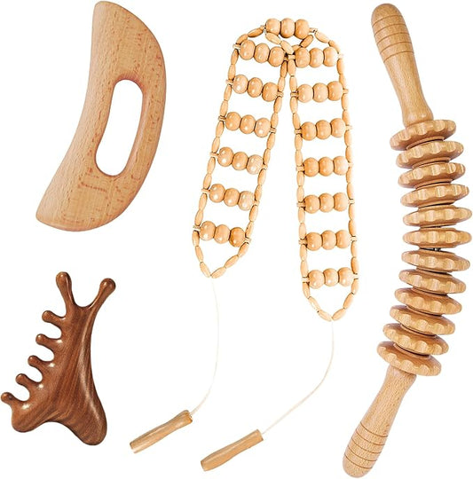 4Pcs Wood Therapy Massage Tools Lymphatic Drainage Massager Wooden Massager Body Sculpting Tools for Maderoterapia,Anti-Cellulite,Pain Relief(4-in-1 Massager)