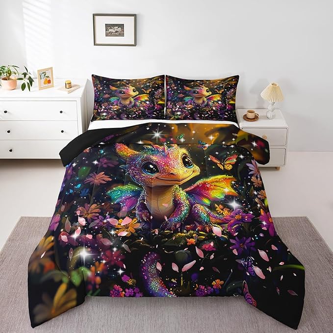 Feelyou Dragon Comforter Set Toddler Size Dragon Stuff Comforter for Boys Girls Teens Shiny Flower Bedding Set Dragon Decor Duvet Set Room Decor Carbon Black Quilt Set