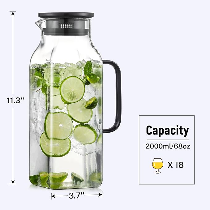 2 Quart (2 Liter 68 oz) Square Glass Pitcher with Lid and Spout, Water Pitchers with Handle for Fridge, Borosilicate Glass Carafe for Hot/Cold Drink, Large Jug for Iced Tea, Coffee, Beverage, Black